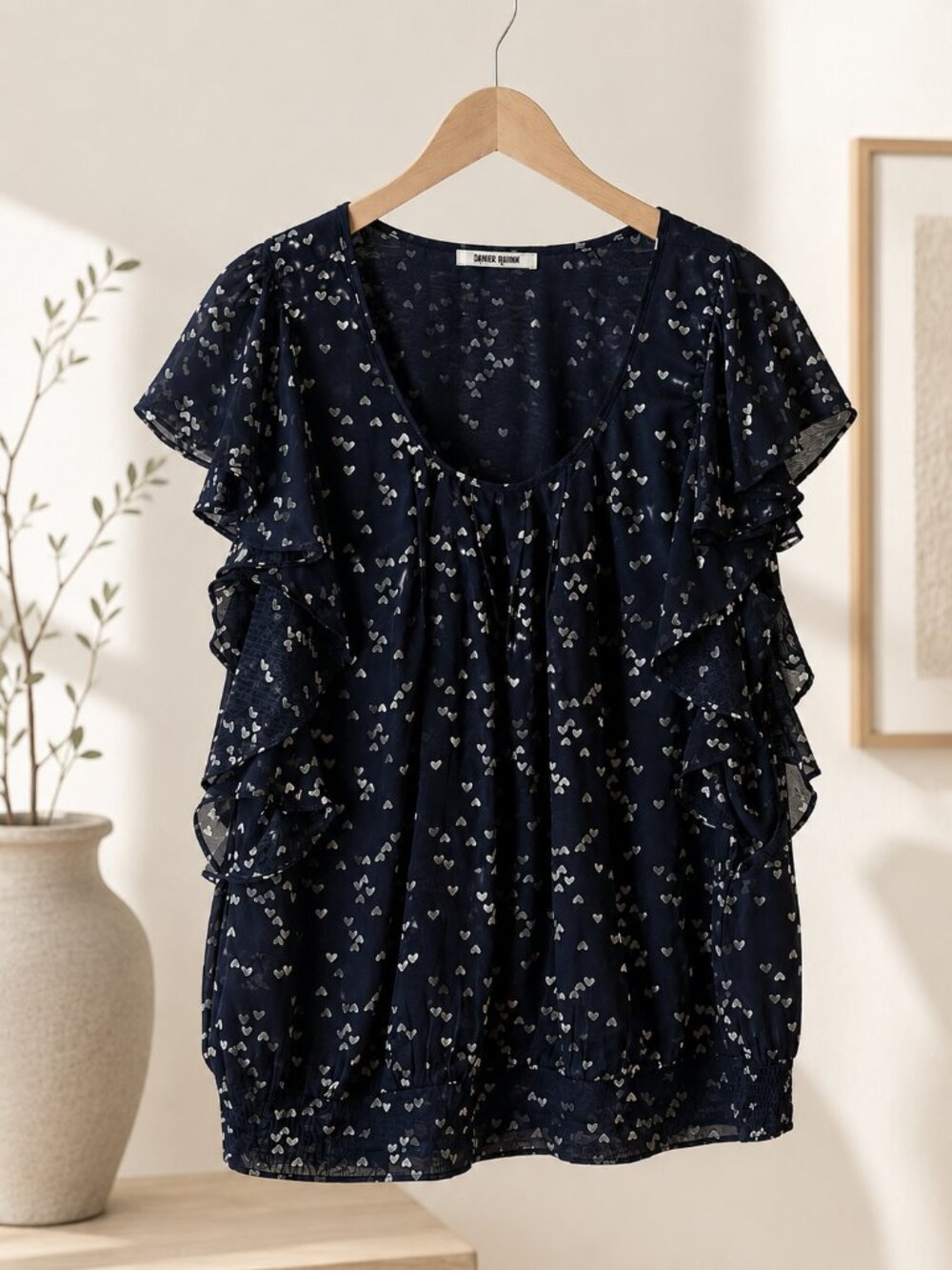 Daniel Rainn Navy Blue Heart Print Ruffle Sleeve Blouse Top Size M/L